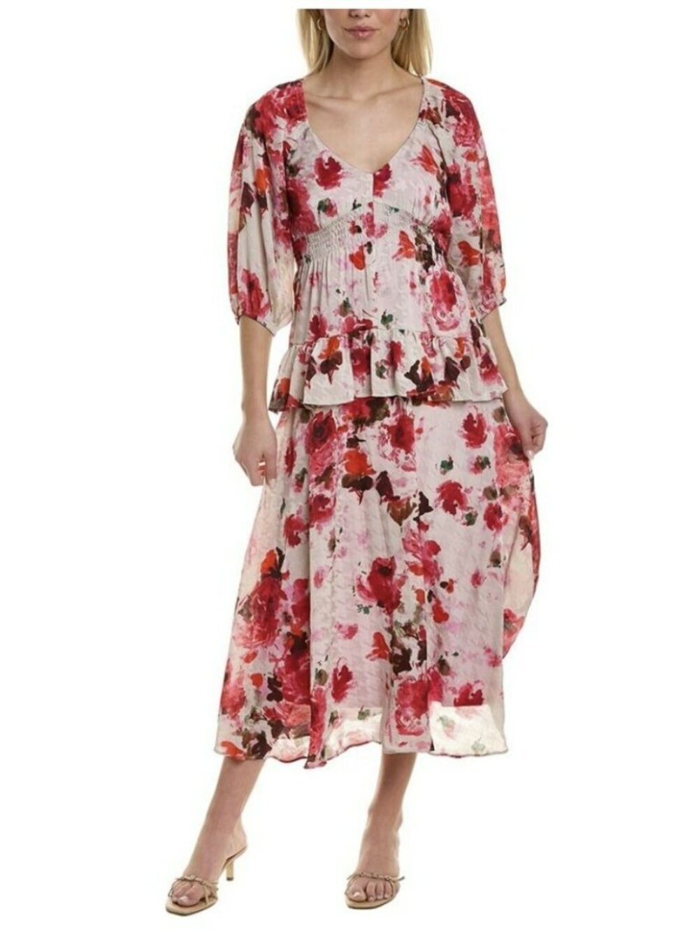 Taylor Floral Tiered Midi Dress Pink Size 14 NWOT